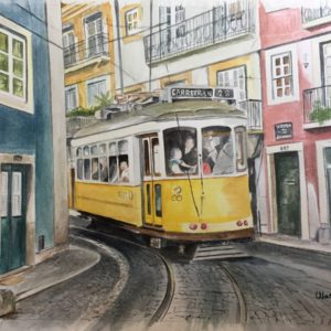 Street Car in Lisbon Watercolor Painting by Jim Watters